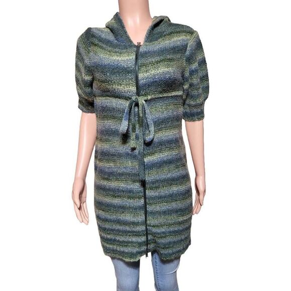 Dex zip up short sleeve knit popover long green cardigan sweaterM - Picture 4 of 7